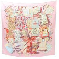 藕色 絲綢 Carre 90 VOYAGE EN ETOFFES 絲巾【HERMES 愛馬仕】