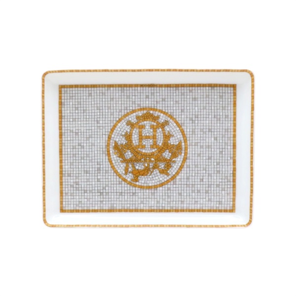 白/金/灰色 陶瓷 Mosaique au 24 gold 托盤 盤子【HERMES 愛馬仕】 P026089P