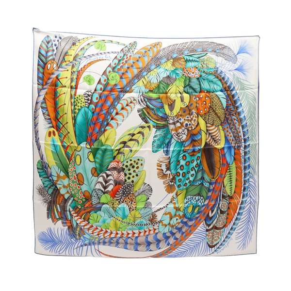 白底 多色 絲綢 Plumes en Fete 90 方巾【HERMES 愛馬仕】