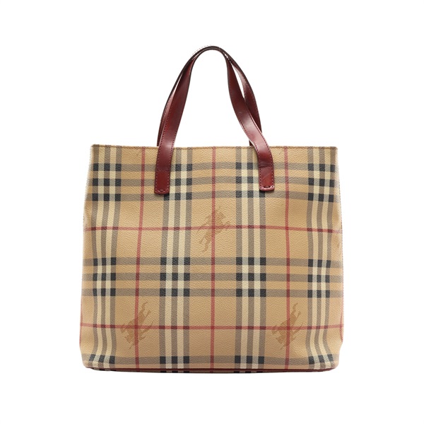 淺褐色 格紋帆布 紅色牛皮 手提包【BURBERRY 巴寶莉】
