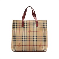 淺褐色 格紋帆布 紅色牛皮 手提包【BURBERRY 巴寶莉】