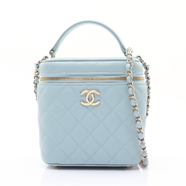 藍色 荔枝紋牛皮 Top Handle Vanity Case 兩用包 金釦【CHANEL 香奈兒】 AS2362