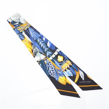 藍/黃/黑 絲綢 Twilly 絲巾【HERMES 愛馬仕】