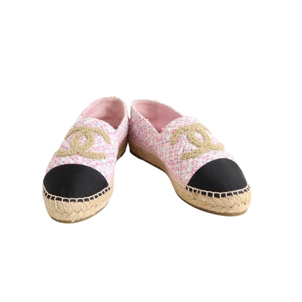 CHANEL 香奈兒 CC Espadrilles 粗花呢草編麻底鞋 #40 粉色 毛呢 牛皮 B G39028