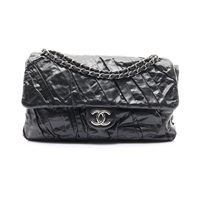 Twisted Maxi Flap 肩背包 黑色 亮面牛皮 銀釦 無卡【CHANEL 香奈兒】