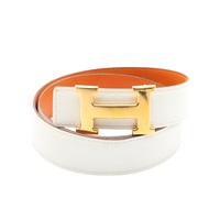 H 皮帶 白/橘色 Epsom牛皮  80cm 口J刻 金釦【HERMES 愛馬仕】