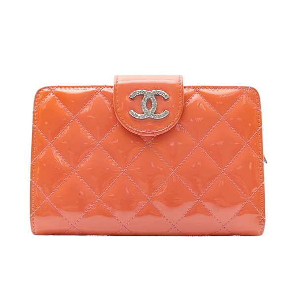 CC French 釦式中夾 橘色 菱格紋 漆皮【CHANEL 香奈兒】