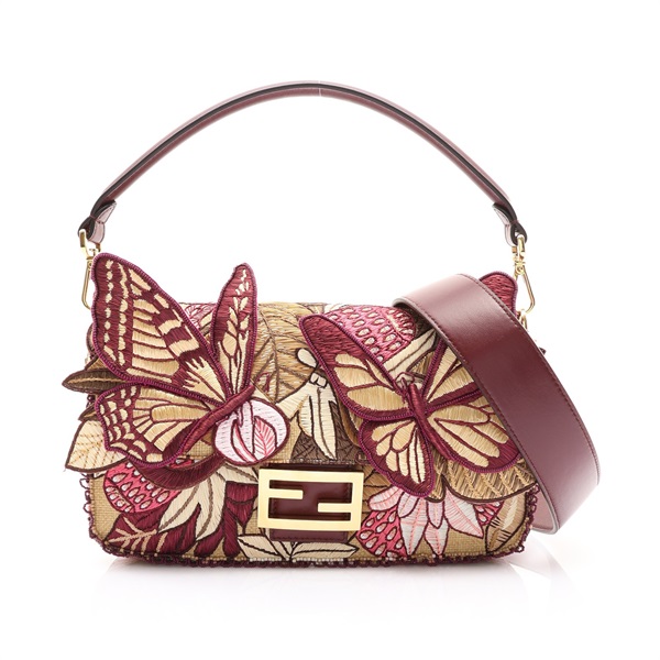 FENDI 芬迪 Baguette 兩用包 金色 線繡 酒紅色牛皮 附雙金屬扣 8BR600