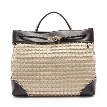 米色繩網拚棕色牛皮 Net Andiamo Large 兩用包【BOTTEGA VENETA BV 寶緹嘉】