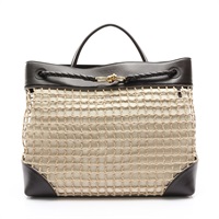 米色繩網拚棕色牛皮 Net Andiamo Large 兩用包【BOTTEGA VENETA BV 寶緹嘉】