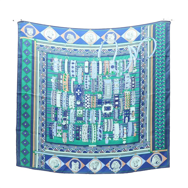 HERMES 愛馬仕 Colliers et Chiens Carre 90 方巾 綠/藍色 絲綢 H073453S
