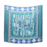 HERMES 愛馬仕 Colliers et Chiens Carre 90 方巾 綠/藍色 絲綢 H073453S