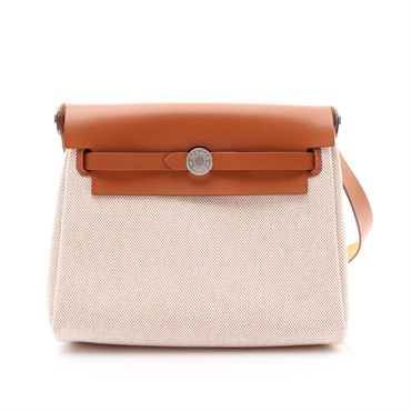 米色帆布 棕色牛皮 Herbag Zip 20 Mini 肩背包 G刻 銀釦【HERMES 愛馬仕】 H085414CC