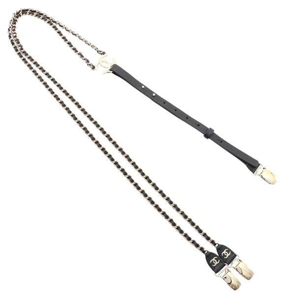 CHANEL 香奈兒 吊帶 黑色牛皮 金屬鍊帶 AA7927