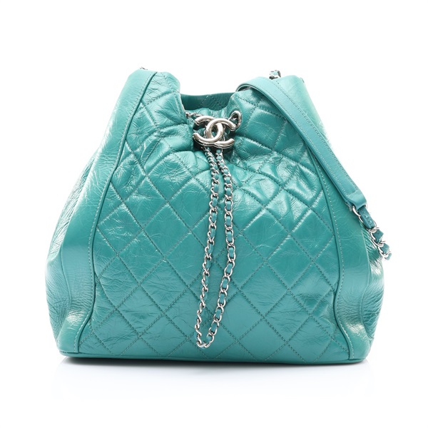 綠色 菱格紋牛皮 Drawstring 肩背包 銀釦 無卡【CHANEL 香奈兒】 A57603