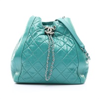綠色 菱格紋牛皮 Drawstring 肩背包 銀釦 無卡【CHANEL 香奈兒】 A57603