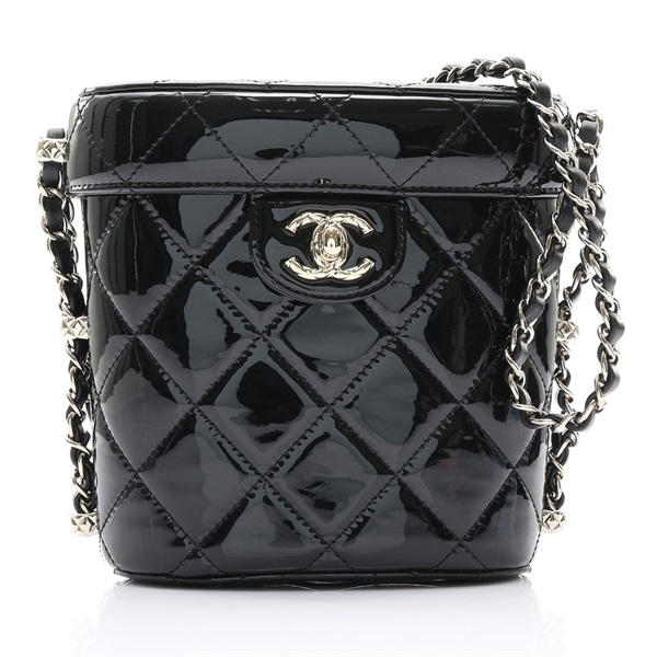 黑色 菱格紋 漆皮 化妝包 肩背包 金釦【CHANEL 香奈兒】