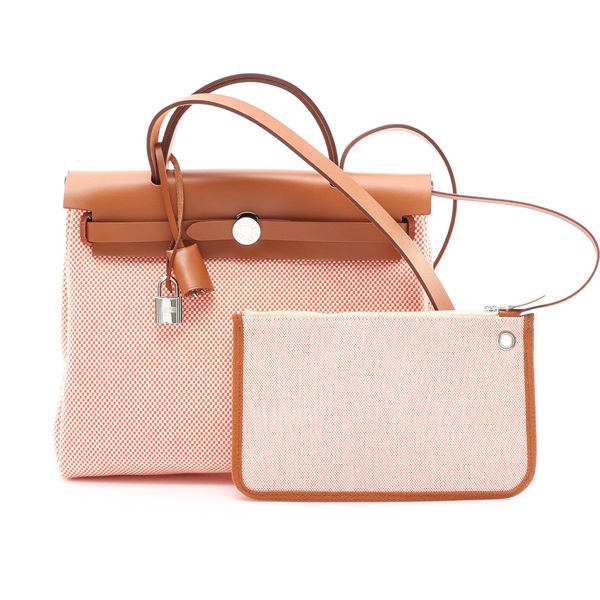 HERMES 愛馬仕 Herbag Zip 31 肩背包 橘色帆布 棕色牛皮 K刻