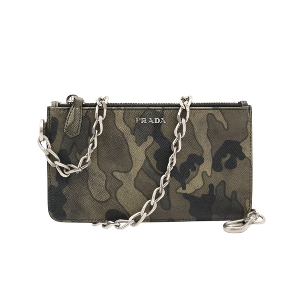 PRADA 普拉達 迷彩鑰鏈包 卡其色 PVC塗層帆布