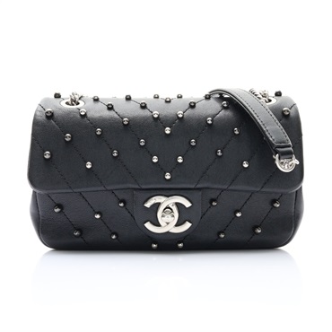 CHANEL 香奈兒 Stud Wars Chevron Mini 方胖子 黑色 牛皮 銀釦