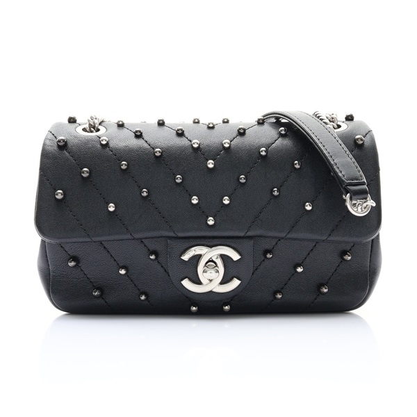 CHANEL 香奈兒 Stud Wars Chevron Mini 方胖子 黑色 牛皮 銀釦