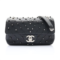 CHANEL 香奈兒 Stud Wars Chevron Mini 方胖子 黑色 牛皮 銀釦