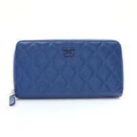 CHANEL 香奈兒 拉鍊長夾 藍色 荔枝紋牛皮 銀釦 無卡 AP0226