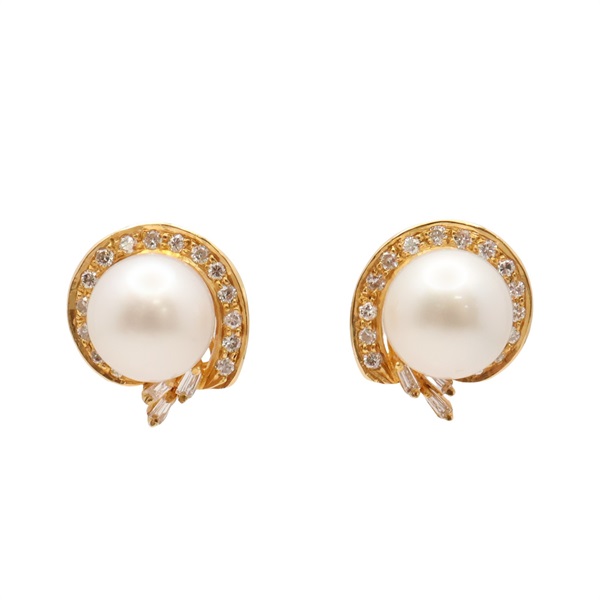 JEWELRY 無品牌珠寶 針式耳環 白色珍珠 18K黃金 鑽石