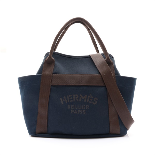 HERMES 愛馬仕 騎士裝備收納包 兩用包 深藍色 帆布 C刻 (缺内袋) H068312CKAB