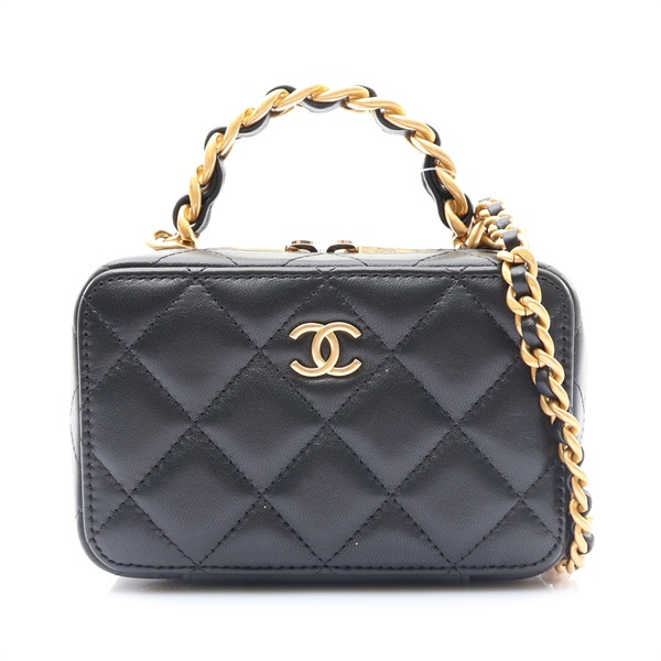 CHANEL 香奈兒 Vanity Case 鏈條化妝包 肩背包 黑色 羊皮 金釦 AP3246