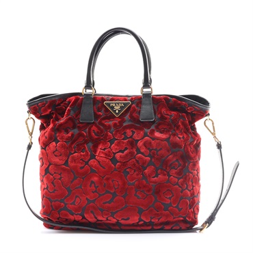 PRADA 普拉達 兩用包 黑色紅花 絨布 牛皮