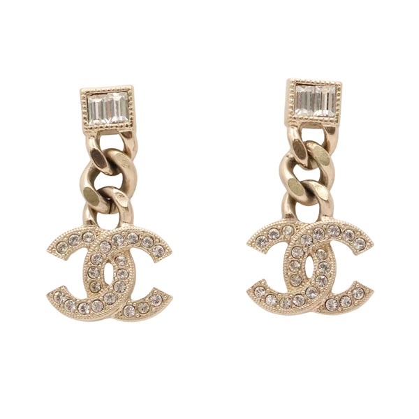CHANEL 香奈兒 CC Logo 水晶鏈條垂墜針式耳環 金屬