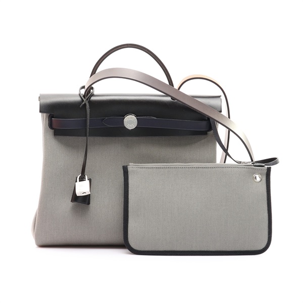 HERMES 愛馬仕 Herbag Zip 31 兩用包 灰色帆布 黑/棕牛皮 W刻 銀扣