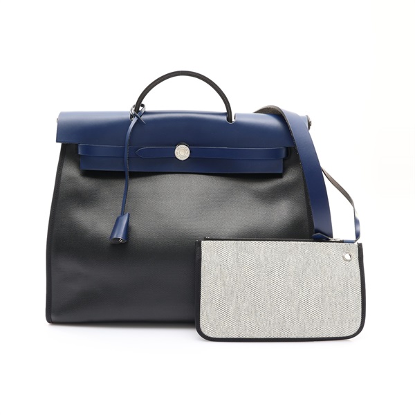 HERMES 愛馬仕 Herbag 39 兩用包 黑色帆布 藍色牛皮 C刻 銀扣
