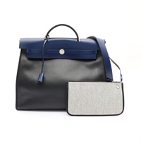 HERMES 愛馬仕 Herbag 39 兩用包 黑色帆布 藍色牛皮 C刻 銀扣