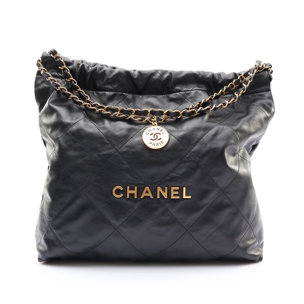CHANEL 香奈兒 Medium 22 肩背包 黑色牛皮 金扣 AS3261