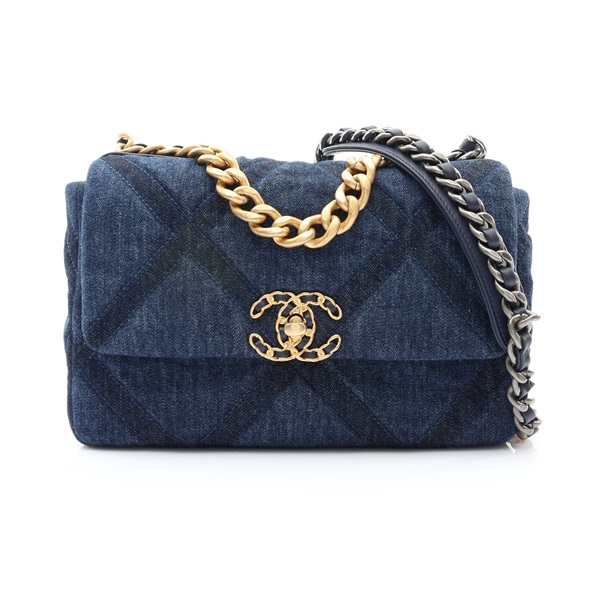 CHANEL 香奈兒 19 肩背包 藍色 單寧布 金扣 AS1160 AS1160