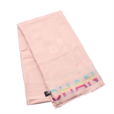 CHANEL 香奈兒 Rainbow Logo 披肩 淺粉紅色 絲綢 羊絨