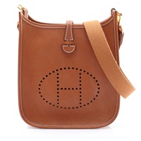 HERMES 愛馬仕 Mini Evelyne 肩背包 金棕色 Barenia Faubourg 牛皮 W刻 銀釦