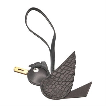 HERMES 愛馬仕 Birdy charm 吊飾 黑色 牛皮 B刻 金扣 H083884CKAB