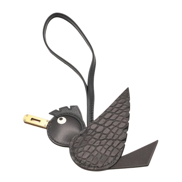 HERMES 愛馬仕 Birdy charm 吊飾 黑色 牛皮 B刻 金扣 H083884CKAB