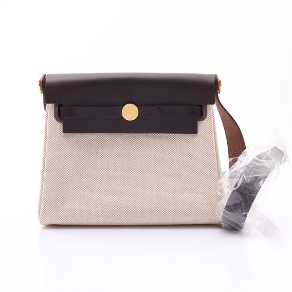 HERMES 愛馬仕 Herbag Zip 20 肩背包 米色帆布 烏木色牛皮 K刻 金扣 H085414CC