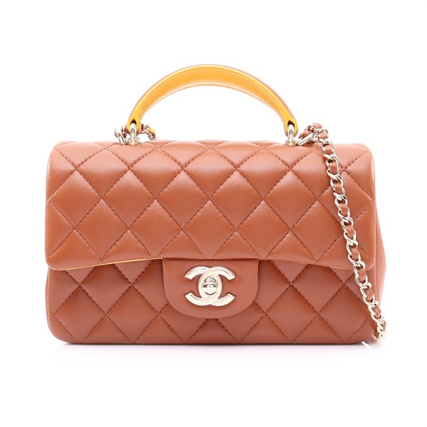 CHANEL 香奈兒 CoCo Handle 兩用包 棕/黃色 羊皮 金扣 AS2431