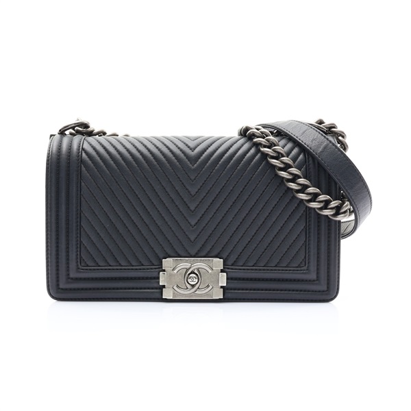 CHANEL 香奈兒 黑色 荔枝紋 山形紋 牛皮 BOY 25 肩背包 銀釦 A67086 A67086