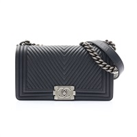 CHANEL 香奈兒 黑色 荔枝紋 山形紋 牛皮 BOY 25 肩背包 銀釦 A67086 A67086