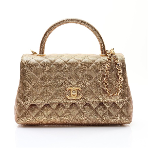 CHANEL 香奈兒 Coco Top Handle 兩用包 金色 荔枝紋 菱格紋牛皮 金釦 A92991