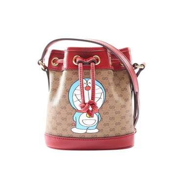 GUCCI 古馳 Doraemon 聯名 水桶包 肩背包 Micro GG Supreme帆布 紅色牛皮 647801