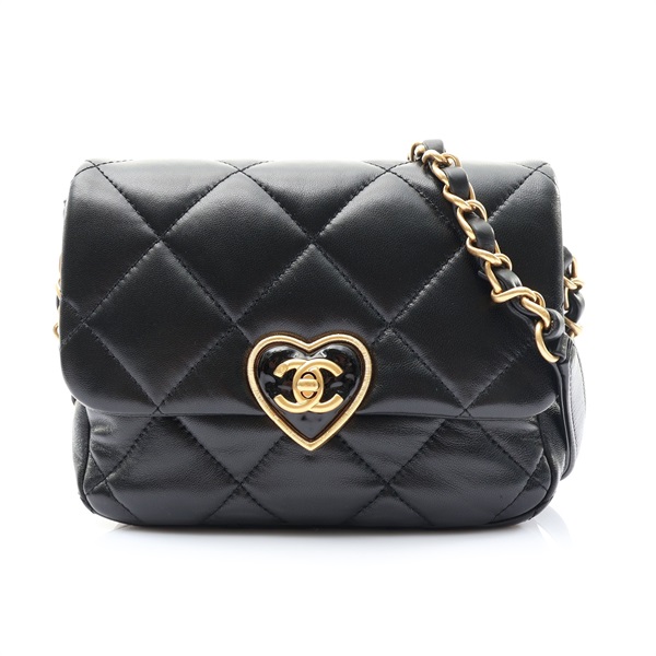 CHANEL 香奈兒 雙C愛心旋扣 鏈帶 肩背包 黑色 菱格紋 羊皮 AS3979