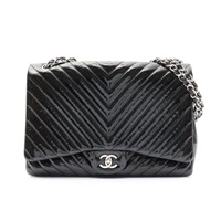 CHANEL 香奈兒 Maxi Claasic Flap 肩背包 黑色 漆皮 銀扣 (無卡) A47600