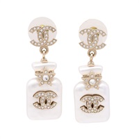CHANEL 香奈兒 CC Perfume Bottle 針式耳環 水鑽 珍珠白色 樹脂 金色 鍍金 ABA840